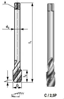 M12 Strojní závitník PN 8/1376, HSS, válcované se šroubovitými drážkami 35°