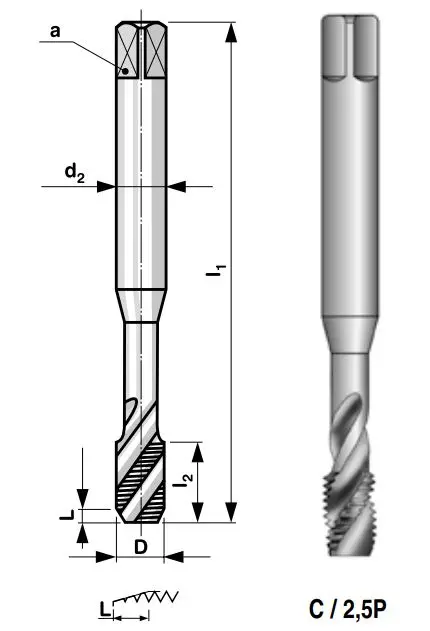 M4 Strojní závitník HSSE ISO1 broušený se šroubovitými drážkami 35°