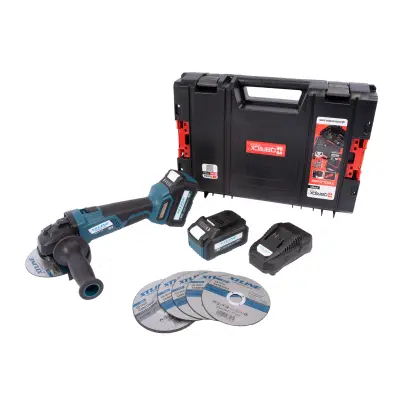 Aku úhlová bruska bezuhlíková 18 V, 12 mm + kotouče + 2 bateria 5,0 Ah + nabíječka 3,5 A + box