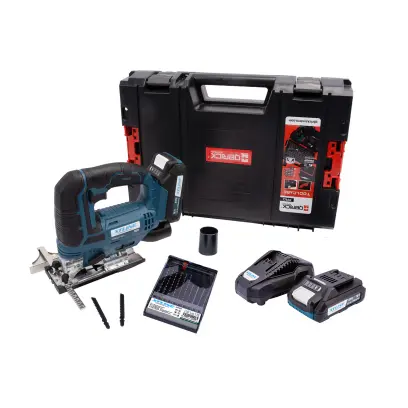 Aku úhlová přímočará pila 18 V + 2 baterie 2,0 Ah + nabéíječka 2,4 A + pilové plátky + box