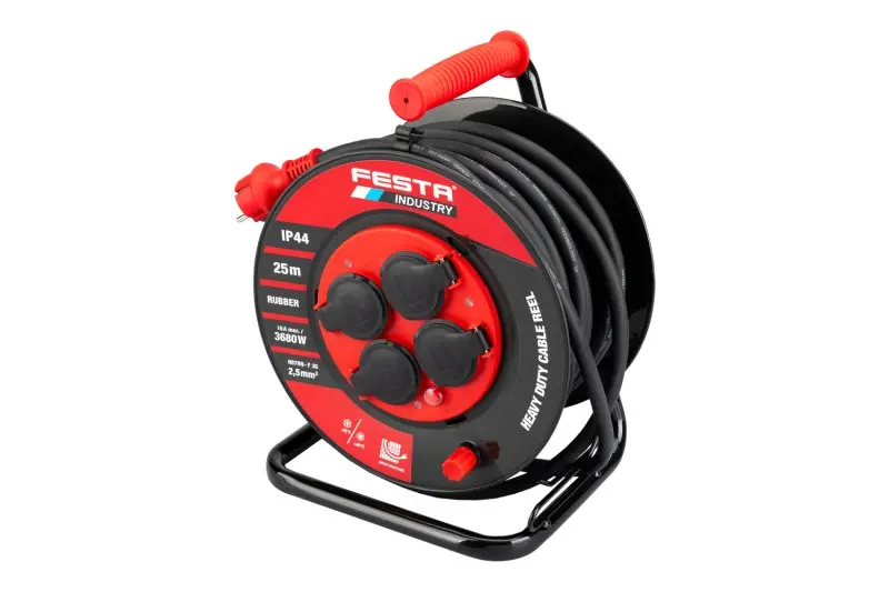 Kabel prodlužovací na bubnu venkovní FESTA INDUSTRY 3x2.5mm 25m 230V max 3680W 4 zásuvky guma-neopré Kabel prodlužovací na bubnu venkovní FESTA INDUSTRY 3x2.5mm 25m 230V max 3680W 4 zásuvky guma-neoprén IP44