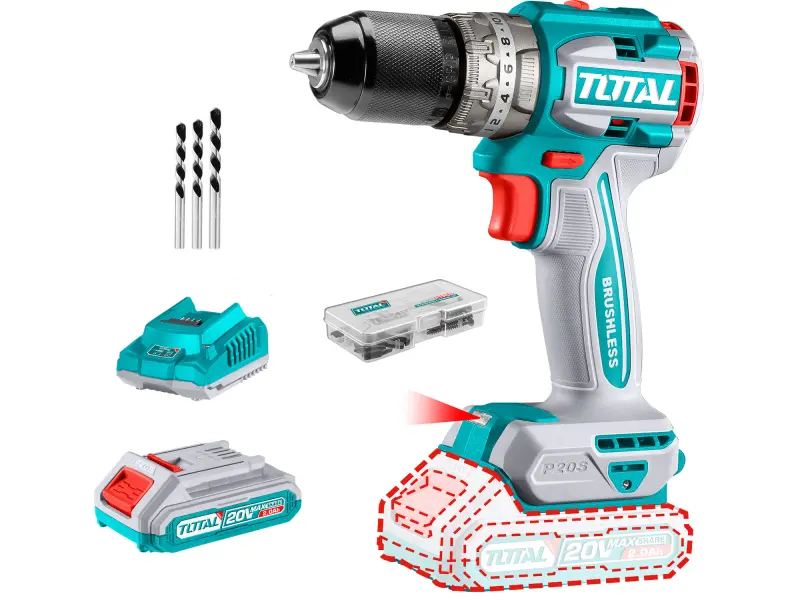 Vrtací šroubovák AKU s příklepem, brushless, 20V Li-ion (2x), industrial Vrtací šroubovák AKU s příklepem, brushless, 20V Li-ion (2x), industrial