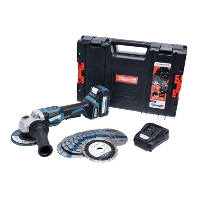 XTLINE Aku úhlová bruska bezuhlíková s regulací 18 V, 125 mm + baterie 5.0 Ah + kotouče + nabíječka 3.5 A + box