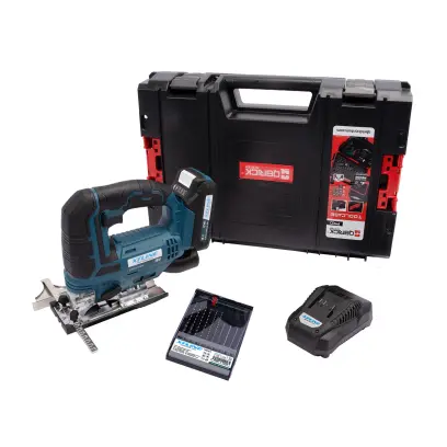 Aku přimočará pila 18 V + baterie 2.0 Ah + nabíječka 3.5 A + pilové plátky + box