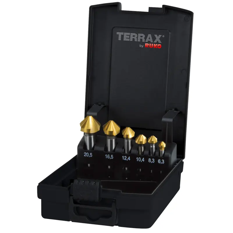 Sada záhlubníků do kovu 6,3-20,5 mm HSS-Tin Terrax 6 dílů Sada záhlubníků do kovu 6,3-20,5 mm HSS-Tin Terrax 6 dílů
