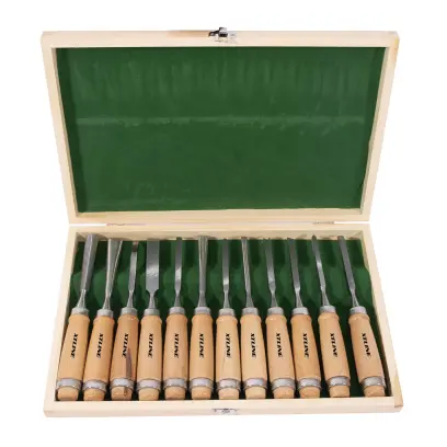 Sada řezbářských dlát s dřevěnou rukojetí 12 dílů - dřevěný obal