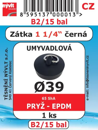 B2/15BAL SADA zátka 1/1/4 umyvadlová pryž ČERNÁ