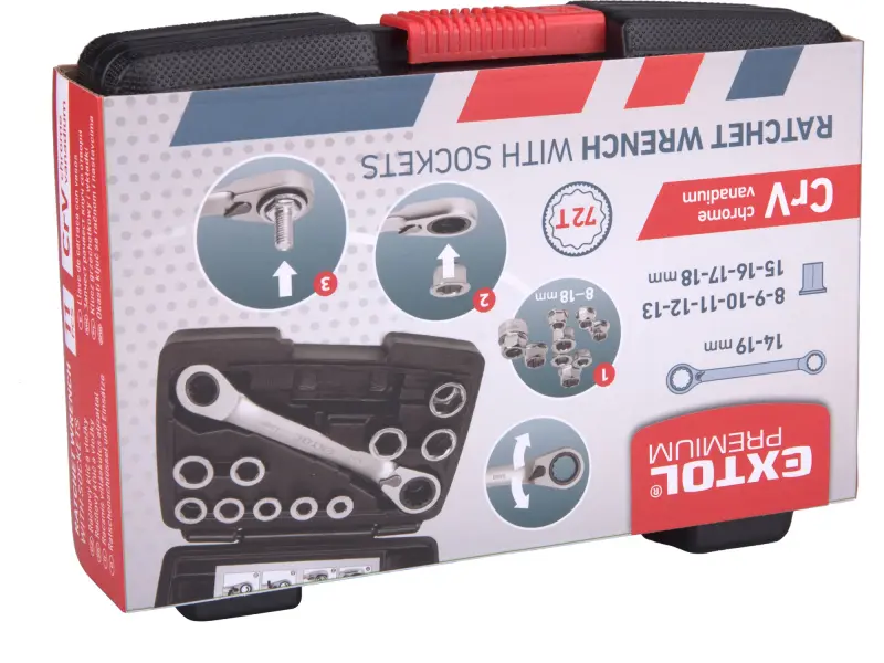 klíč ráčnový tvarovaný a vložky, sada 11ks, 8-19mm, CrV