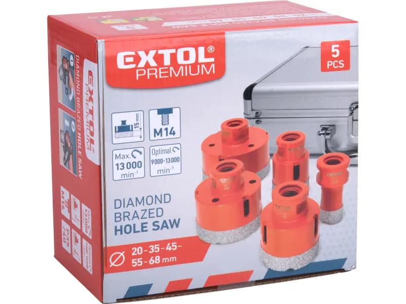 sada 5ks vykružovacích diamantových korunek, O 20-35-45-55-68mm, závit M14