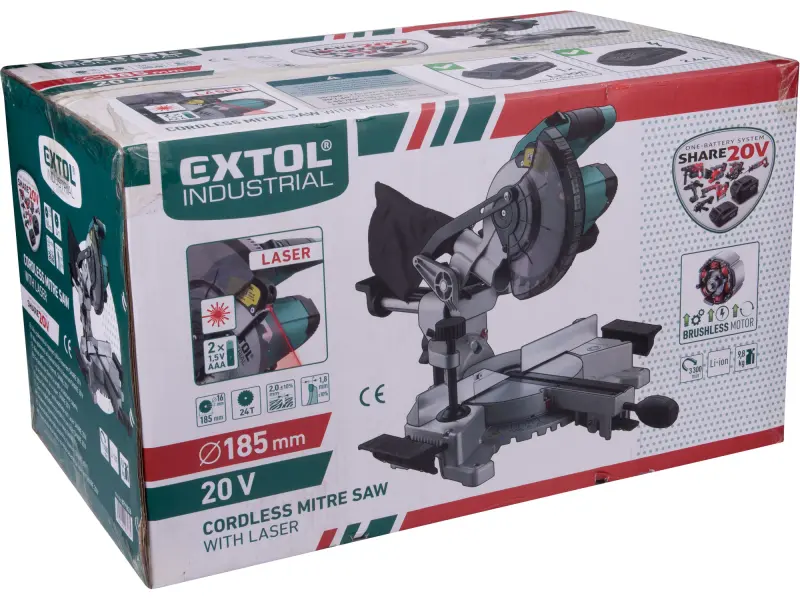 pila pokosová 185mm aku s laserem SHARE20V, BRUSHLESS, 20V Li-ion, 2Ah