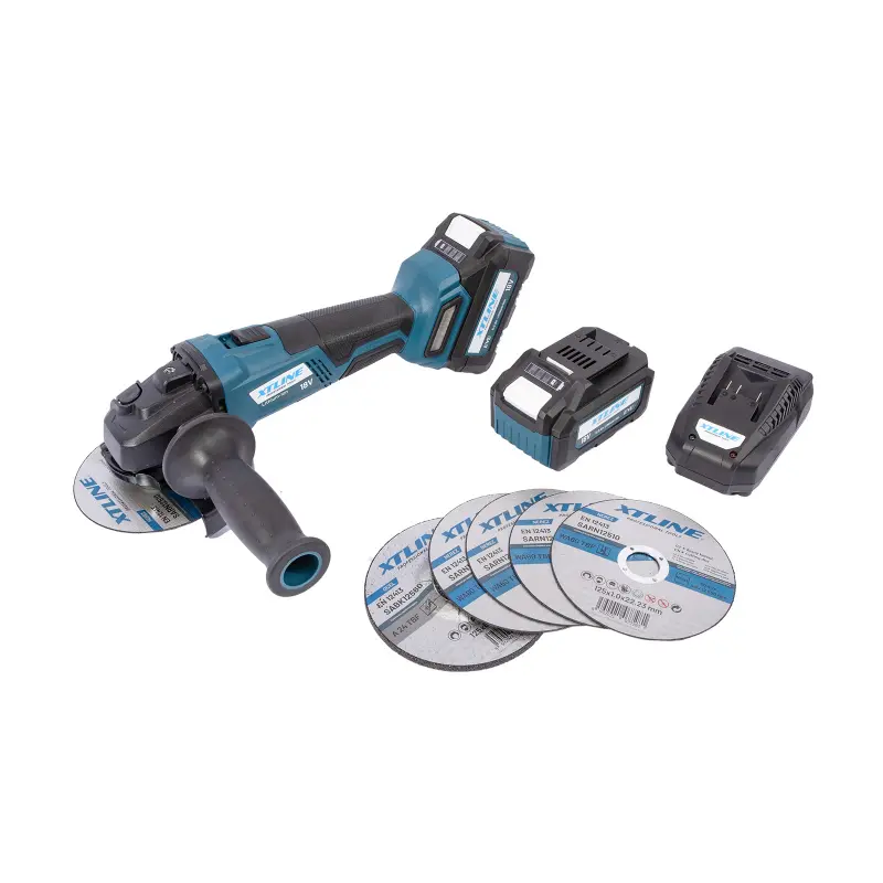 Aku úhlová bruska bezuhlíková 18 V, 12 mm + kotouče + 2 bateria 5,0 Ah + nabíječka 3,5 A + box