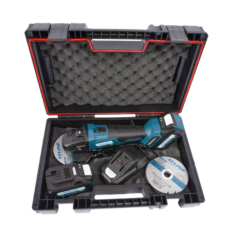 Aku úhlová bruska bezuhlíková 18 V, 12 mm + kotouče + 2 bateria 5,0 Ah + nabíječka 3,5 A + box