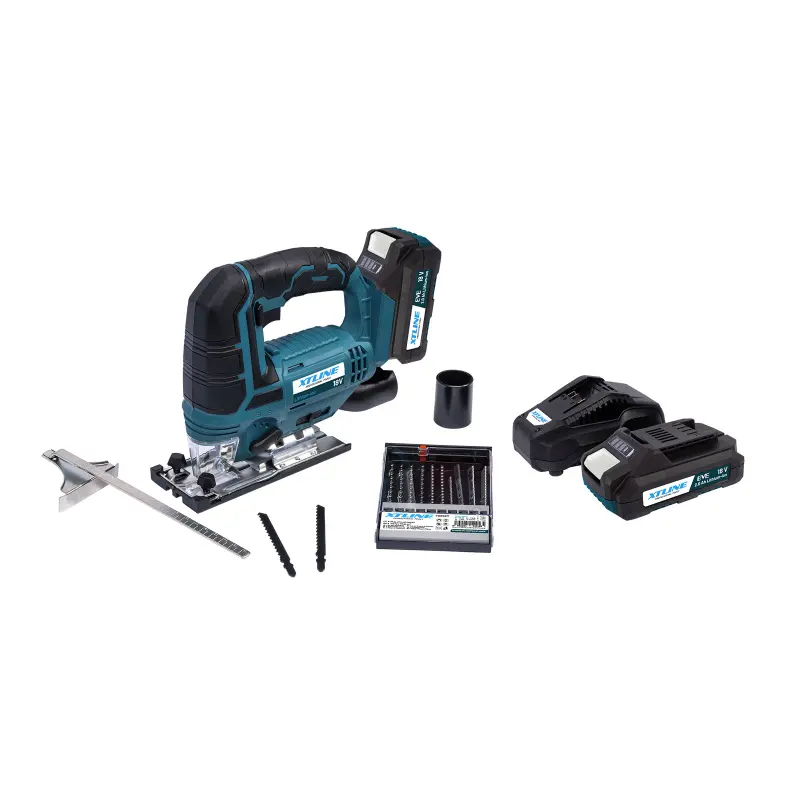 Aku úhlová přímočará pila 18 V + 2 baterie 2,0 Ah + nabéíječka 2,4 A + pilové plátky + box