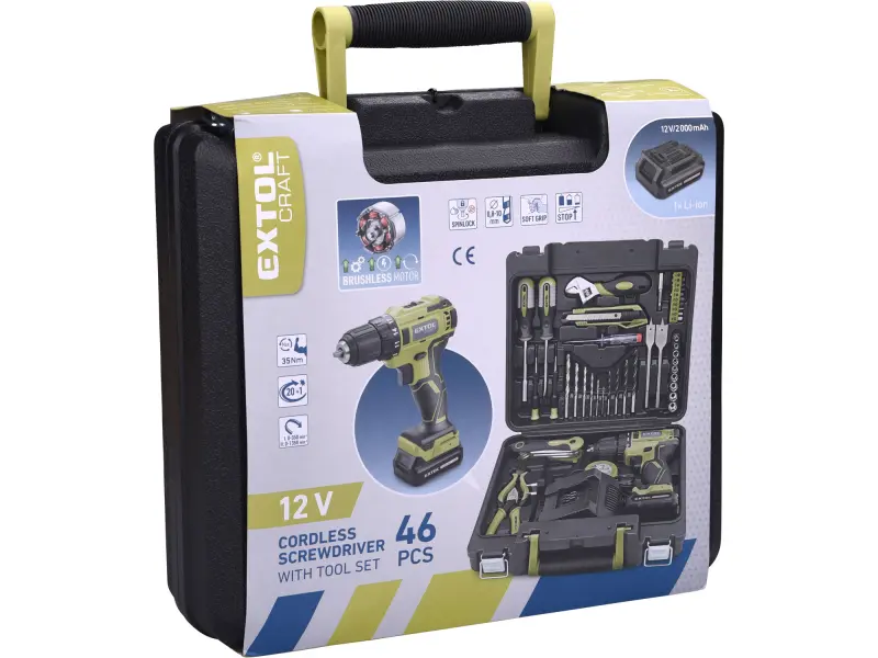 vrtací šroubovák aku, BRUSHLESS, 12V Li-ion s nářadím, sada 46ks