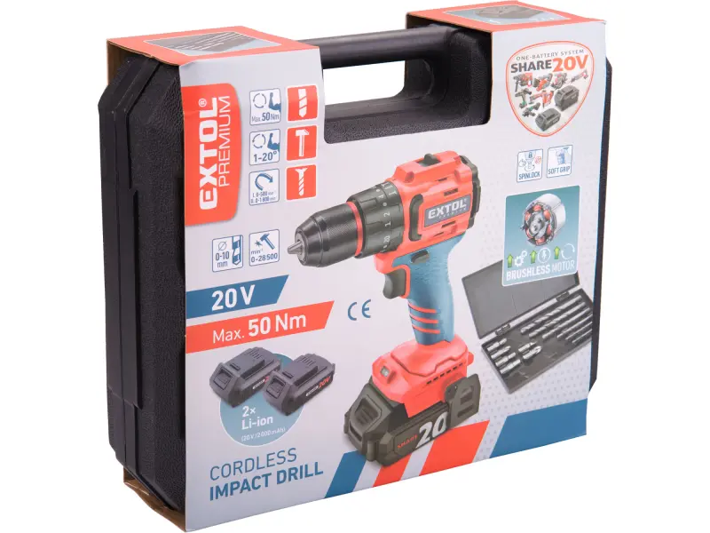 vrtací šroubovák aku s příklepem SHARE20V, BRUSHLESS, 2Ah (2×)