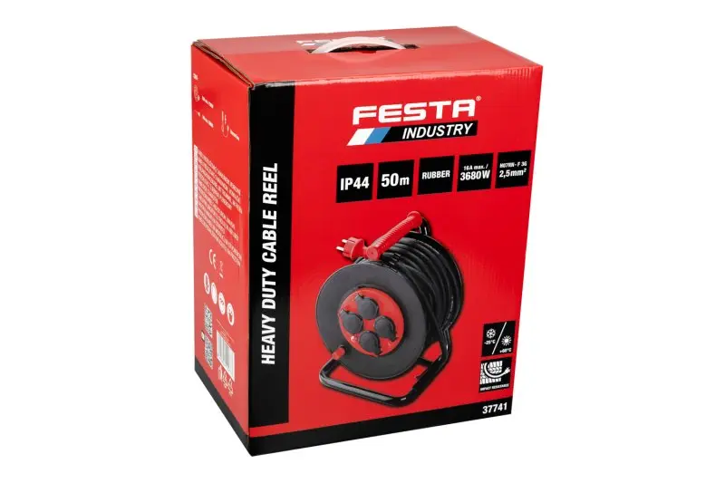 Kabel prodlužovací na bubnu venkovní FESTA INDUSTRY 3x2.5mm 50m 230V max 3680W 4 zásuvky guma-neopren IP44