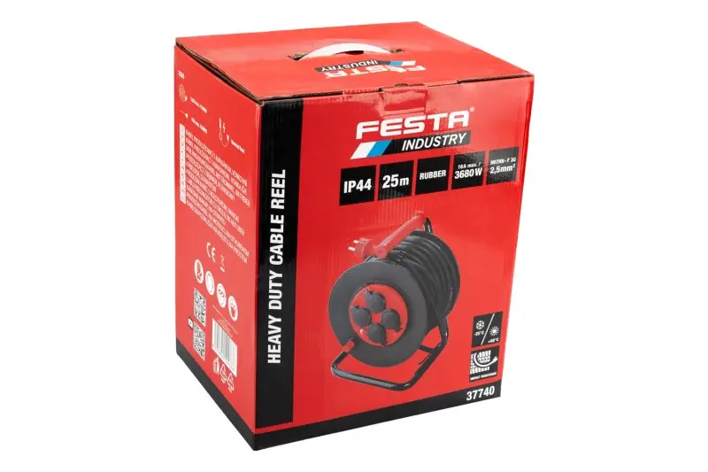 Kabel prodlužovací na bubnu venkovní FESTA INDUSTRY 3x2.5mm 25m 230V max 3680W 4 zásuvky guma-neoprén IP44