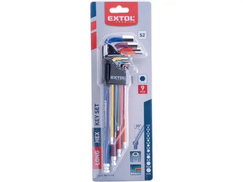 L-klíče IMBUS prodloužené barevné, sada 9ks, s kuličkou, 1,5-10mm, S2