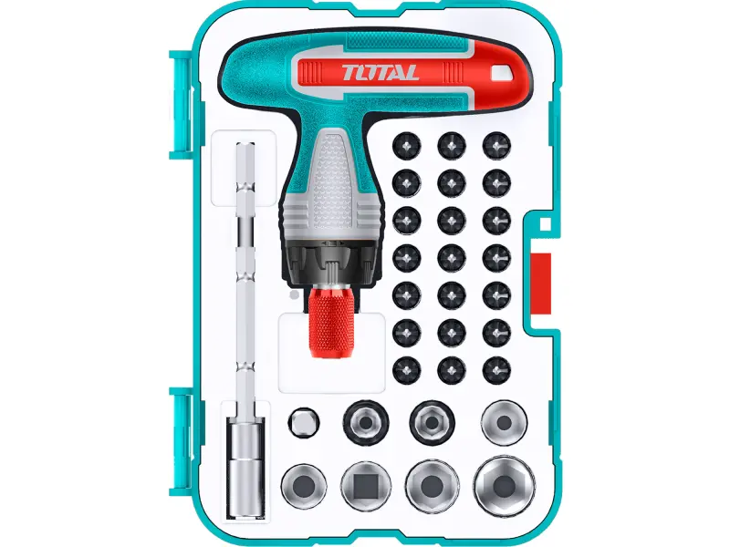 Šroubovák ráčnový s T-rukojetí a hroty, sada 31ks, CrV