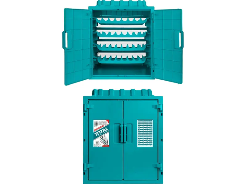 Skříňka na vrtáky, rozměry 340x320x430mm, 4 poschodí, 8 přihrádek na každém poschodí