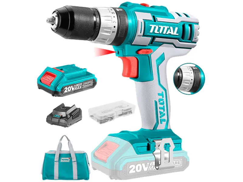 Vrtací šroubovák AKU s příklepem, 20V Li-ion (2x), 2000mAh, Sada 50ks, industrial