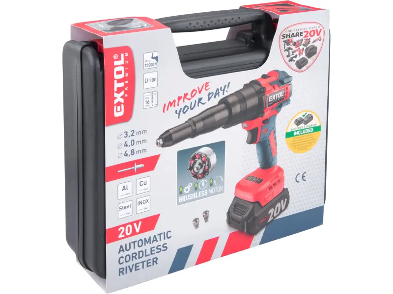 Pistole nýtovací aku SHARE20V, BRUSHLESS, 2 Ah