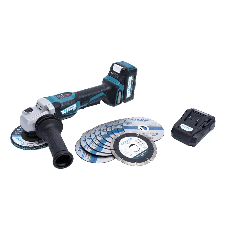 XTLINE Aku úhlová bruska bezuhlíková s regulací 18 V, 125 mm + baterie 5.0 Ah + kotouče + nabíječka 3.5 A + box