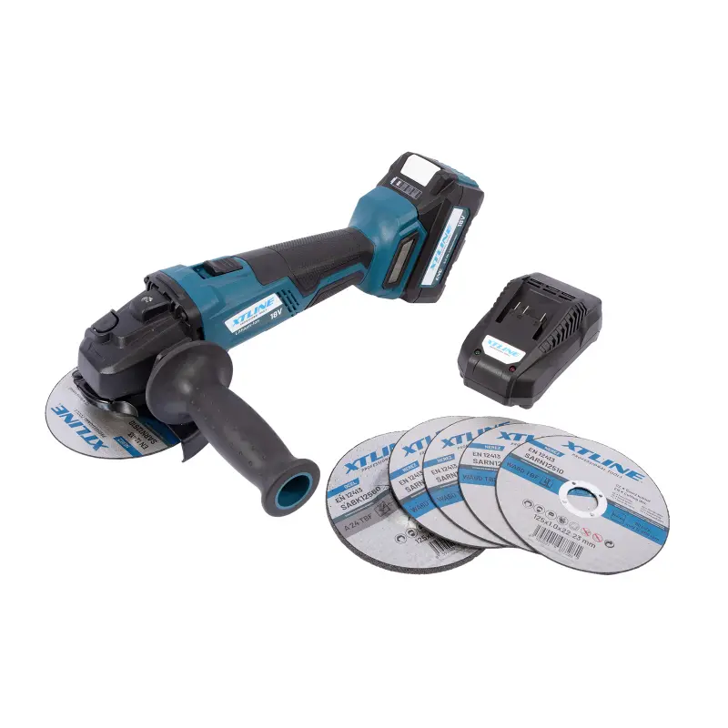 Aku úhlová bruska bezuhlíková 18 V, 125 mm + baterie 5.0 Ah + nabíječka + box