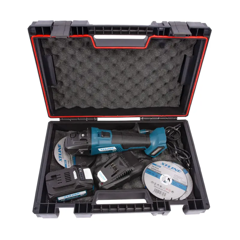 Aku úhlová bruska bezuhlíková 18 V, 125 mm + baterie 5.0 Ah + nabíječka + box