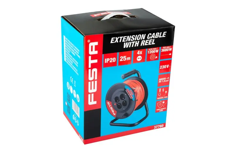 Kabel prodlužovací na bubnu FESTA 25m 4zásuvka  3x1.5mm IP20 MAX 3680W