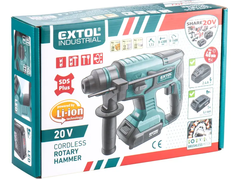 kladivo vrtací aku SHARE20V, 1,7J, SDS plus, BRUSHLESS, 20V Li-ion, 2Ah