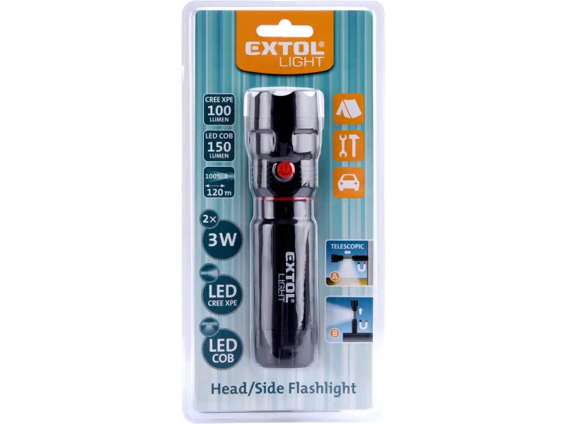 svítilna 100lm CREE + 150lm COB s magnetem, CREE 3W XPE LED, 3W COB