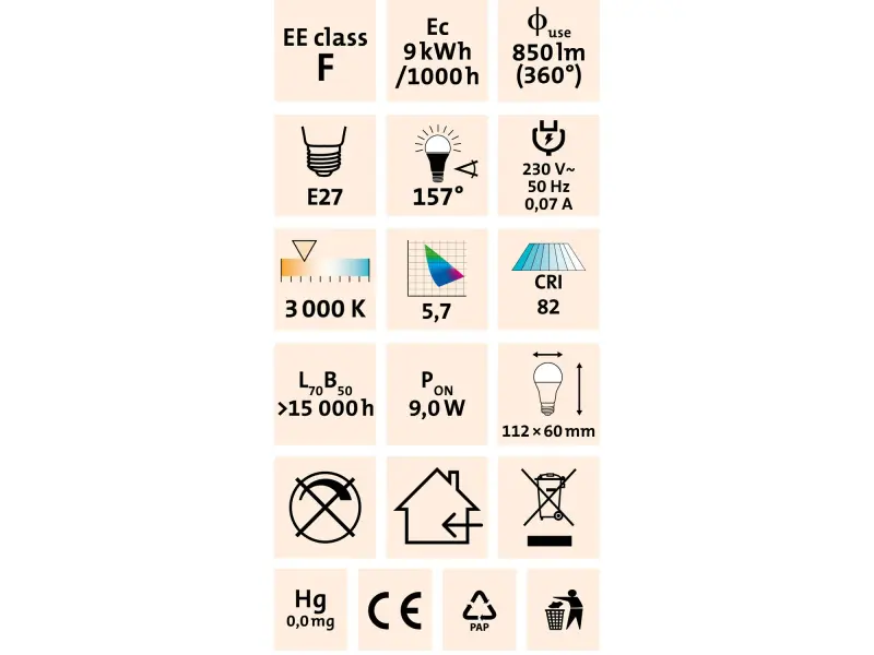 žárovka LED klasická, 800lm, 9W, E27, teplá bílá