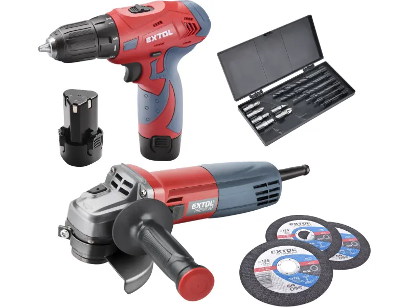 vrtací šroubovák aku, 12V Li-ion (2x) a bruska úhlová 125mm v plastovém boxu