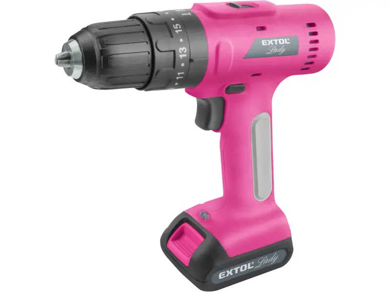 vrtací šroubovák aku s příklepem, růžový, 12V Li-ion, 2000mAh, v kufru s nářadím, sada 27ks