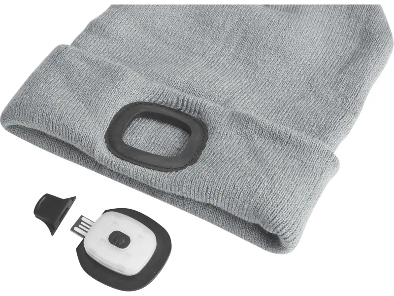 čepice s čelovkou 4x45lm, USB nabíjení, šedá, univerzální velikost, 73% acryl a 27% polyester