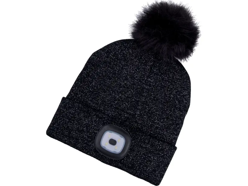 čepice s čelovkou 4x45lm, USB nabíjení, černá se třpytkou a bambulí, univerzální velikost, 90% acryl a 10% polyester