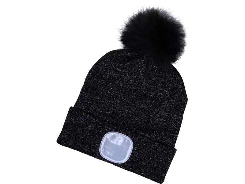 čepice s čelovkou 4x45lm, USB nabíjení, černá se třpytkou a bambulí, univerzální velikost, 90% acryl a 10% polyester