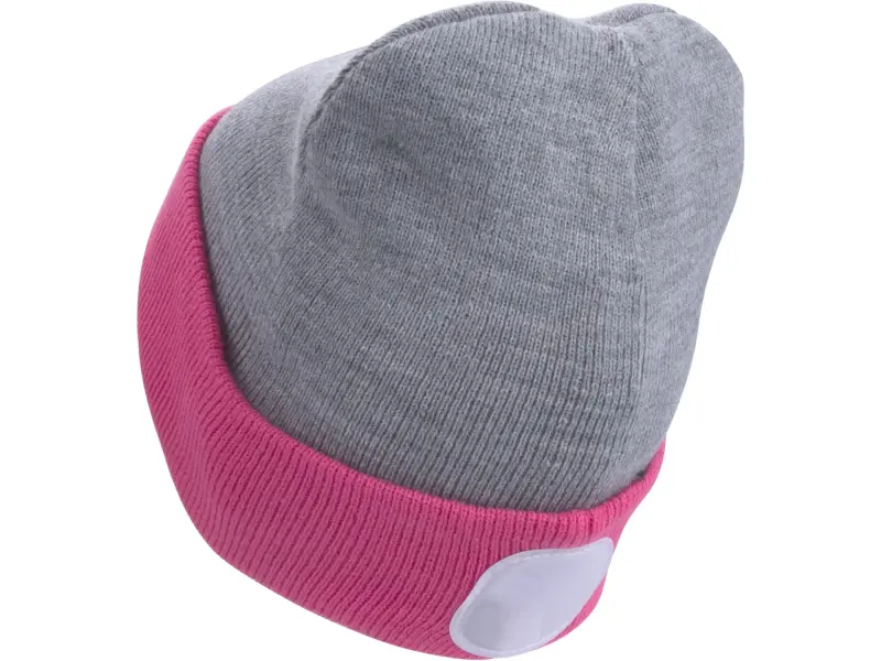 čepice s čelovkou 4x45lm, USB nabíjení, světle šedá/růžová, oboustranná, univerzální velikost, 73% acryl a 27% polyester