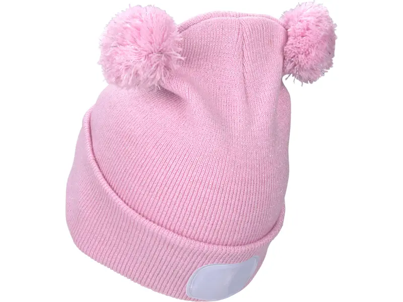 čepice s čelovkou 4x25lm, USB nabíjení, růžová se třpytkou a bambulemi, dětská, 70% acryl a 30% polyester