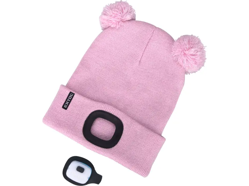 čepice s čelovkou 4x25lm, USB nabíjení, růžová se třpytkou a bambulemi, dětská, 70% acryl a 30% polyester