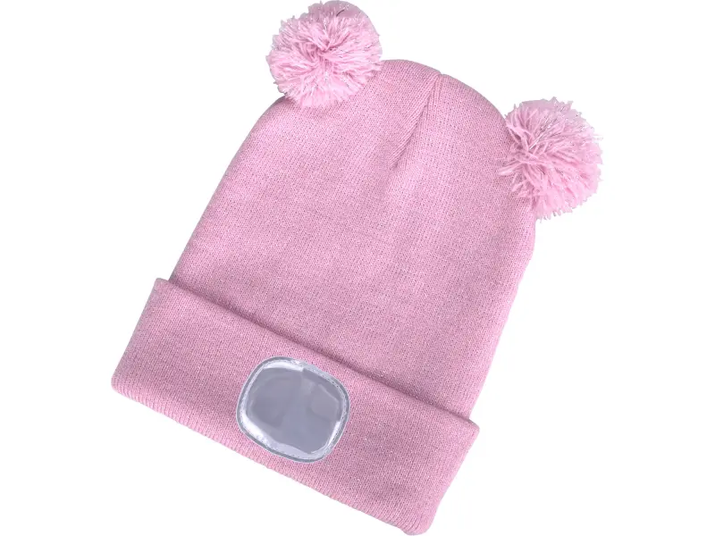 čepice s čelovkou 4x25lm, USB nabíjení, růžová se třpytkou a bambulemi, dětská, 70% acryl a 30% polyester