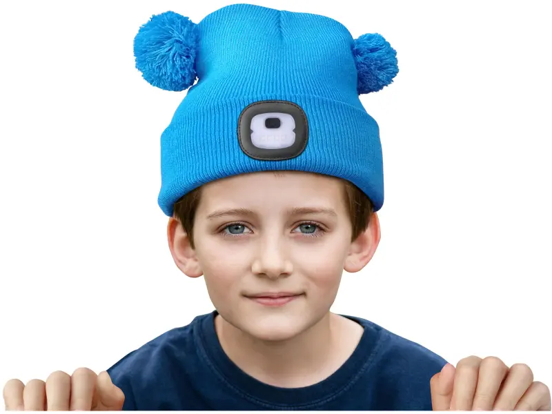 čepice s čelovkou 4x25lm, USB nabíjení, modrá s bambulemi, dětská