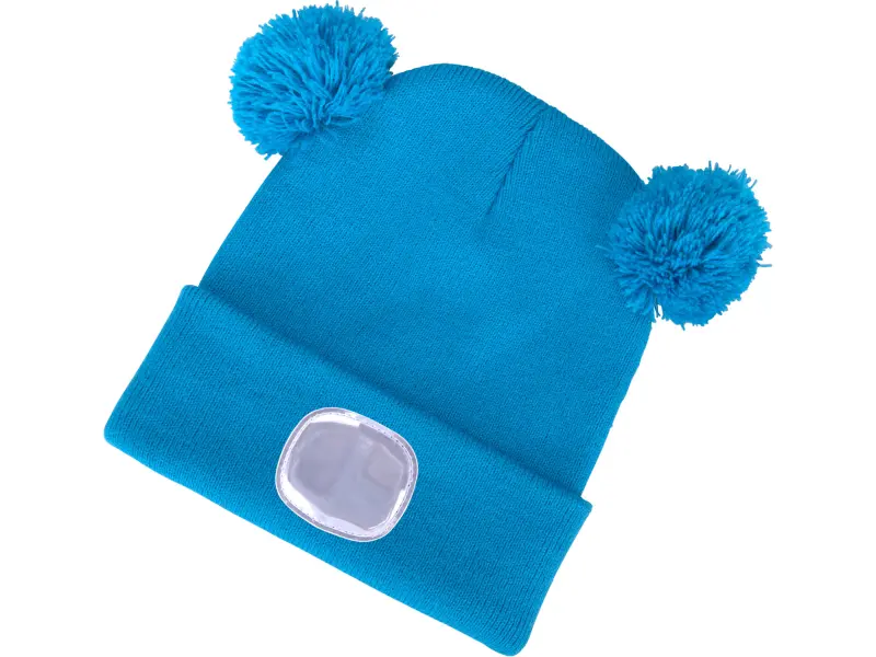 čepice s čelovkou 4x25lm, USB nabíjení, modrá s bambulemi, dětská