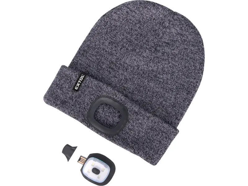 čepice s čelovkou 4x45lm, USB nabíjení, šedá/černá, univerzální velikost, 100% acryl