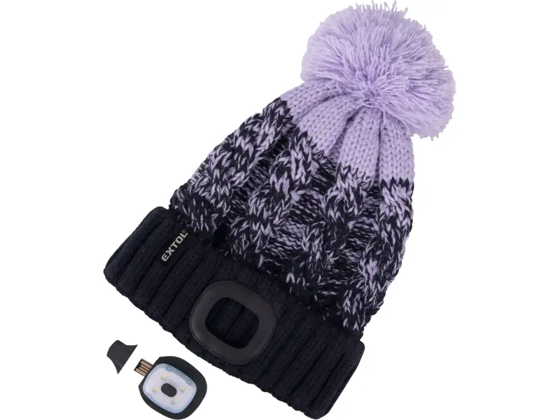 čepice s čelovkou 4x45lm, USB nabíjení, tmavě modrá/fialová s bambulí, univerzální velikost, 100% acryl