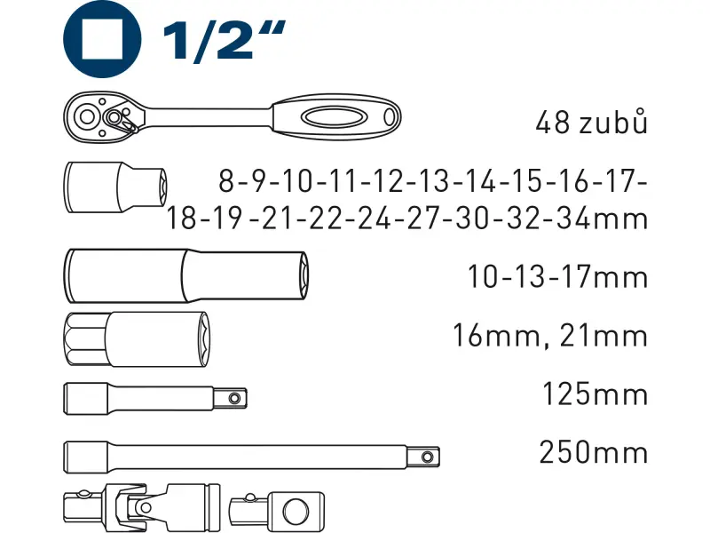 hlavice nástrčné, sada 29ks, 1/2