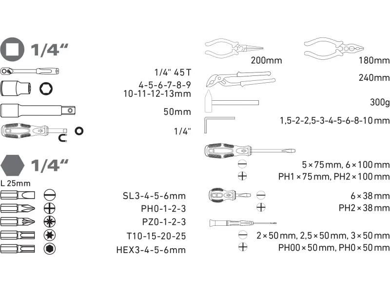 sada nářadí 57ks, 1/4