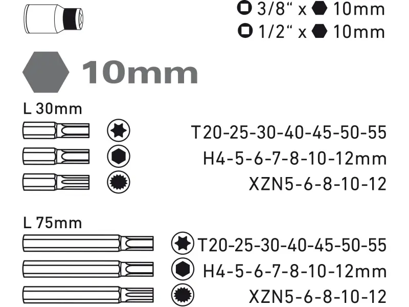 hroty IMBUS-TORX-XZN, sada 40ks, pro ráčny 3/8