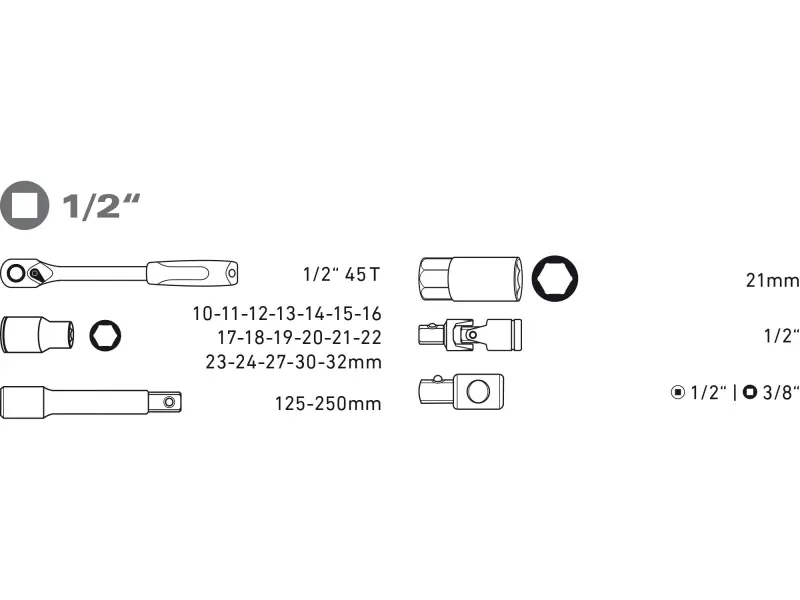 hlavice nástrčné, sada 24ks, 1/2